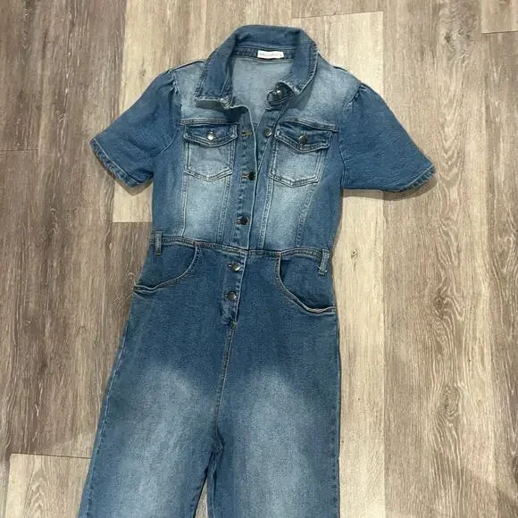 Avec Les Filles Denim Collared One Piece Jumpsuit Overalls Size 29 - Picture 2 of 9